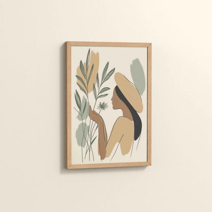 Side View of Leafy Accents – Elegant Woman Line Drawing in Natrual Color Frame