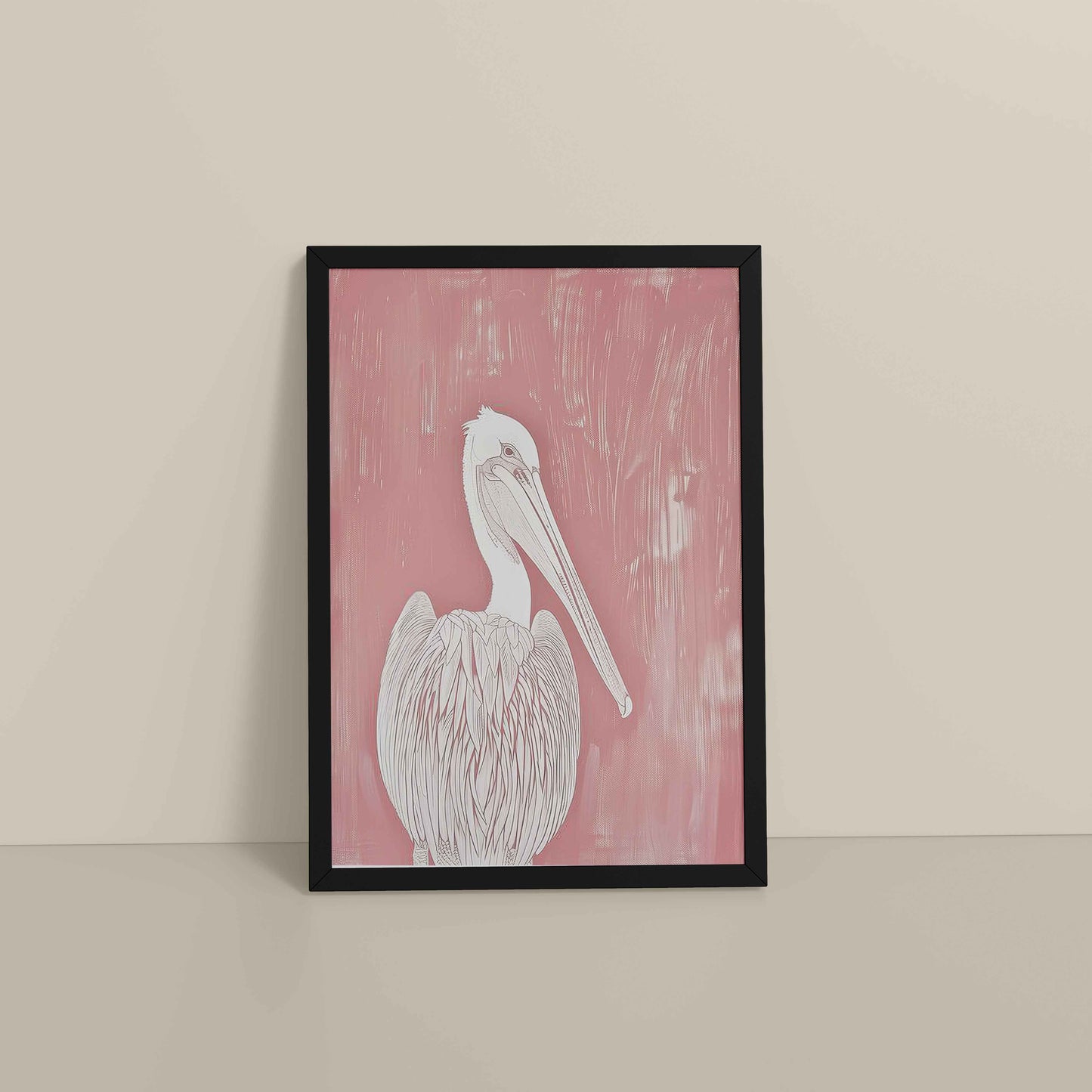 Floor View of Wings of Calm – Elegant Pelican Line Art in Black Color Frame