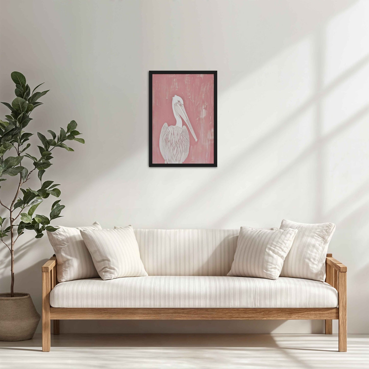 Living Room Cabinet Table Preview of Wings of Calm – Elegant Pelican Line Art in Black Color Frame