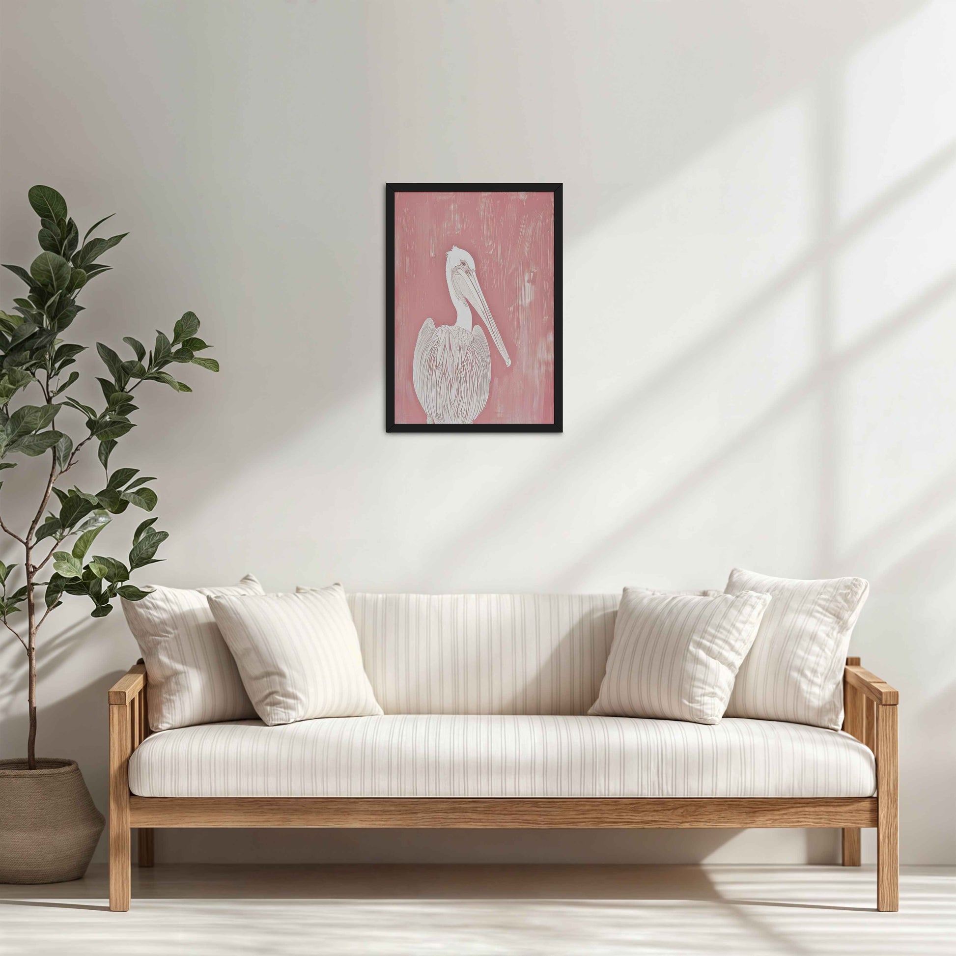 Living Room Cabinet Table Preview of Wings of Calm – Elegant Pelican Line Art in Black Color Frame