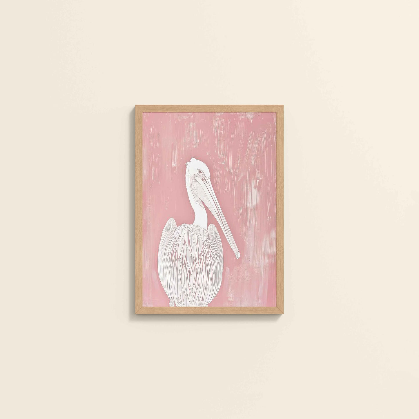 Wall View of Wings of Calm – Elegant Pelican Line Art in Natrual Color Frame