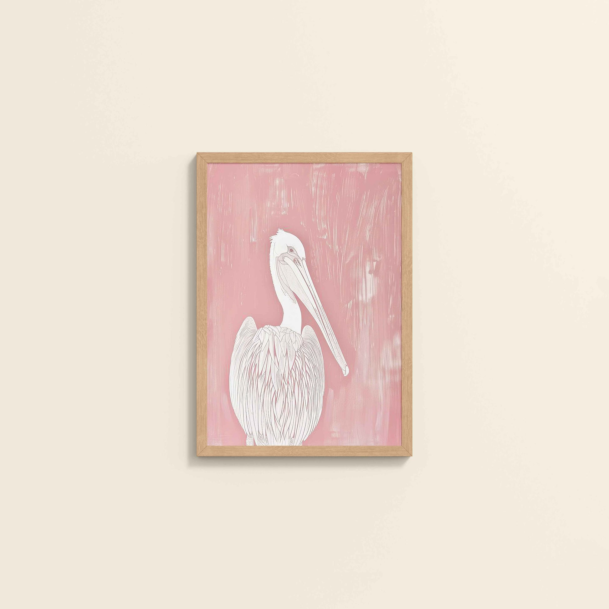 Wall View of Wings of Calm – Elegant Pelican Line Art in Natrual Color Frame