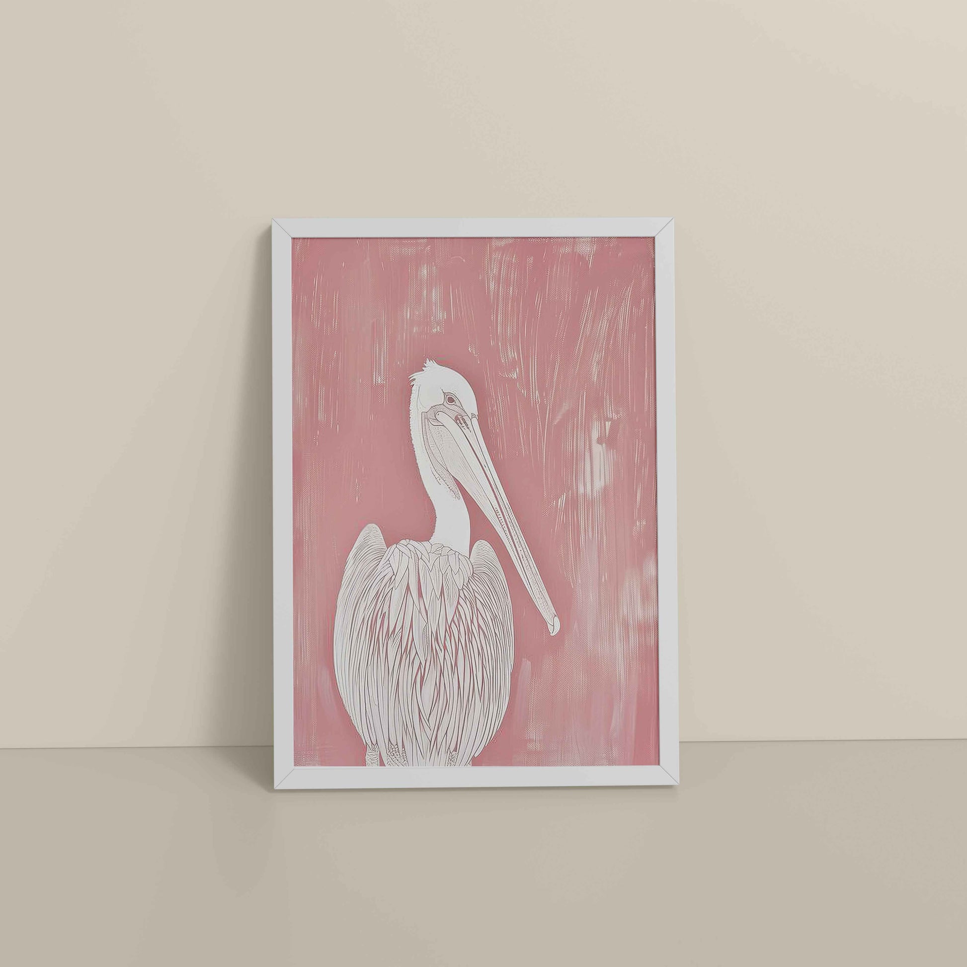 Floor View of Wings of Calm – Elegant Pelican Line Art in White Color Frame