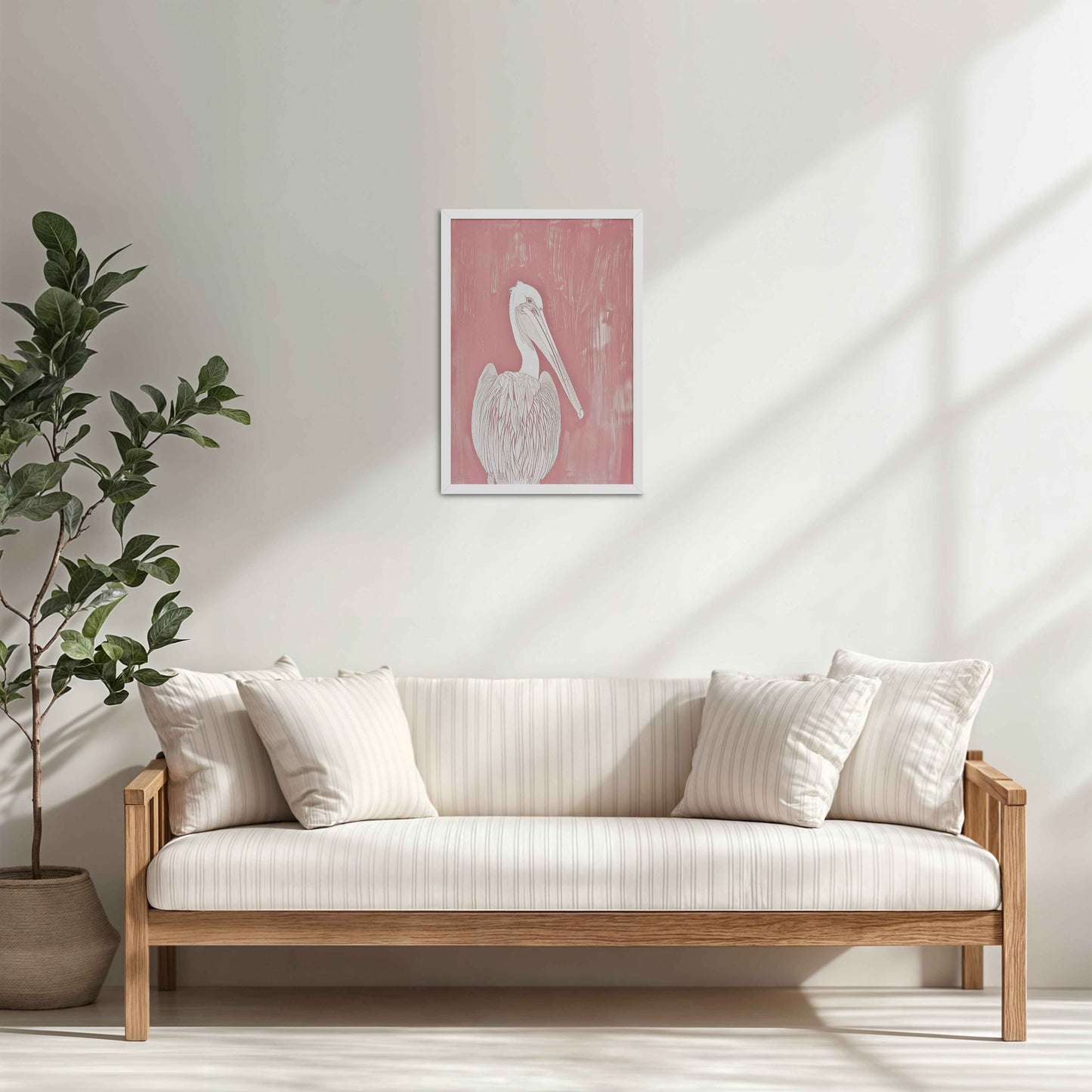 Living Room Cabinet Table Preview of Wings of Calm – Elegant Pelican Line Art in White Color Frame