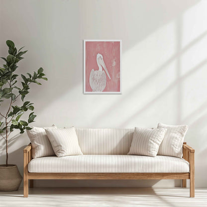 Living Room Cabinet Table Preview of Wings of Calm – Elegant Pelican Line Art in White Color Frame