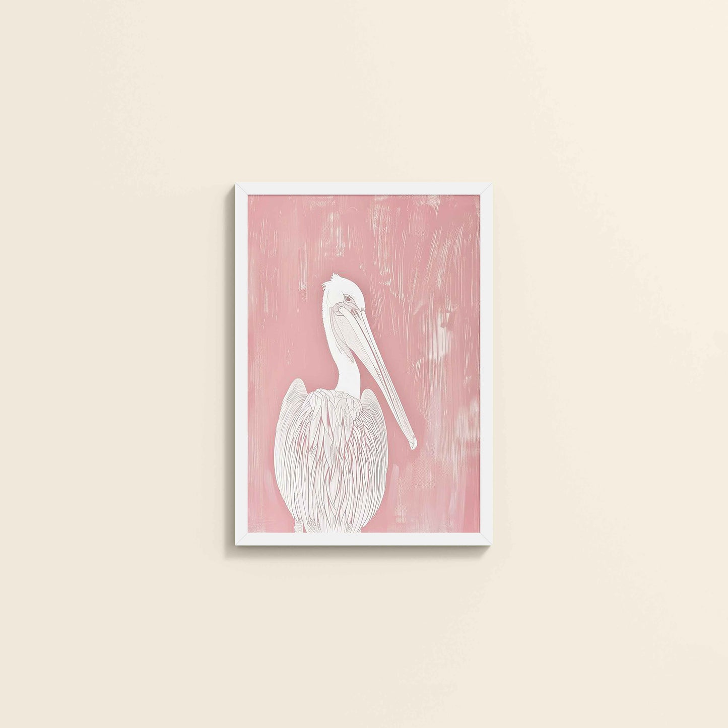 Wall View of Wings of Calm – Elegant Pelican Line Art in White Color Frame