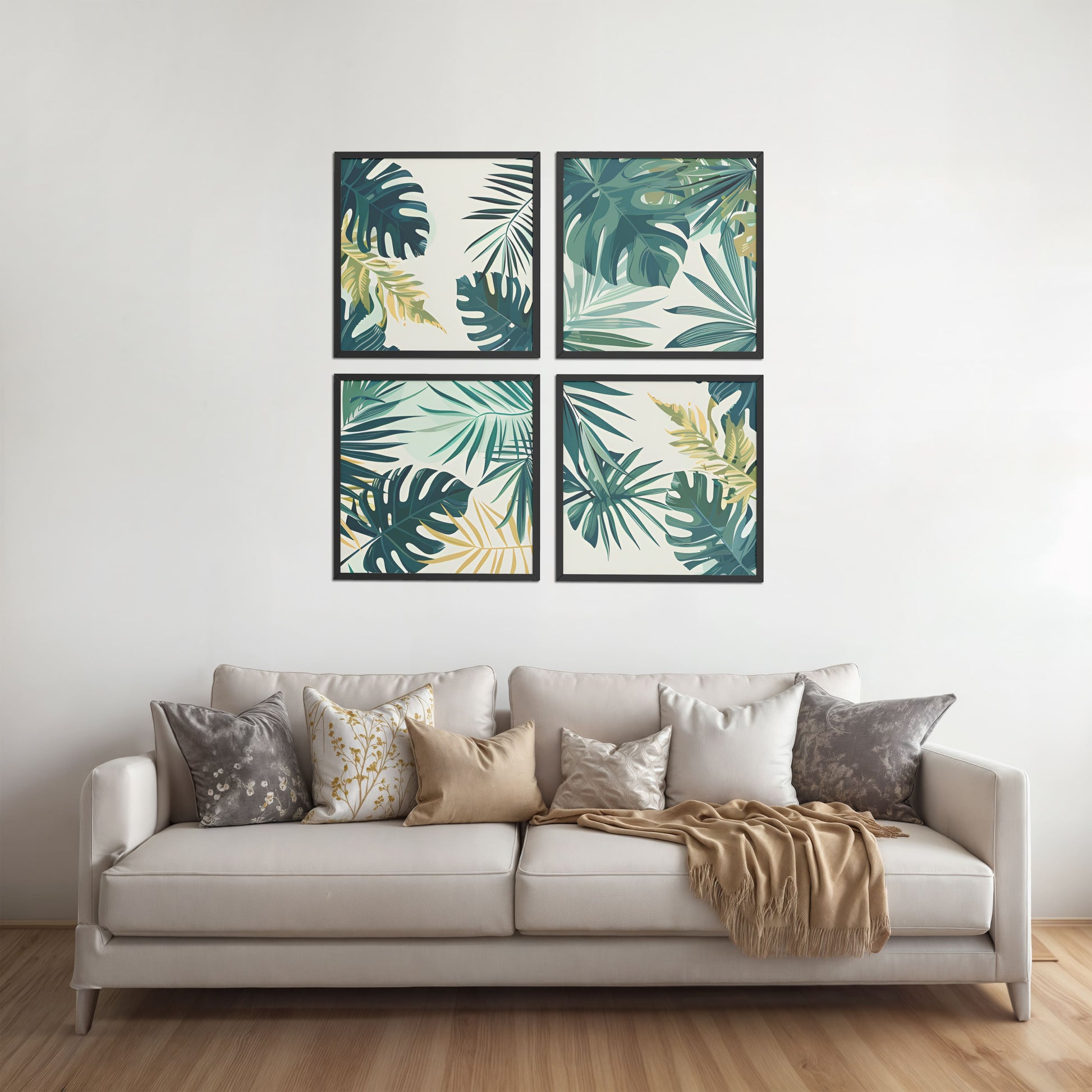 Living Room Sofa Preview of Tropical Green Leaves Wall Art Frames Set of 4 in Black Color Frame