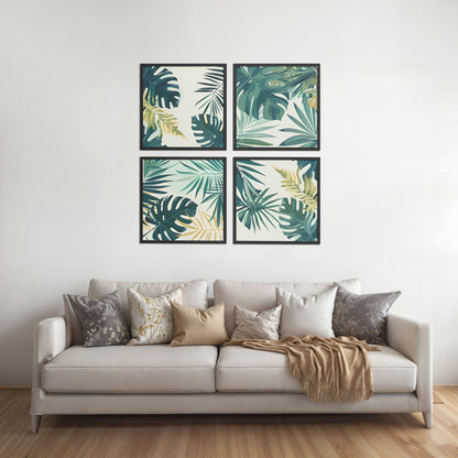 Living Room Sofa Preview of Tropical Green Leaves Wall Art Frames Set of 4 in Black Color Frame