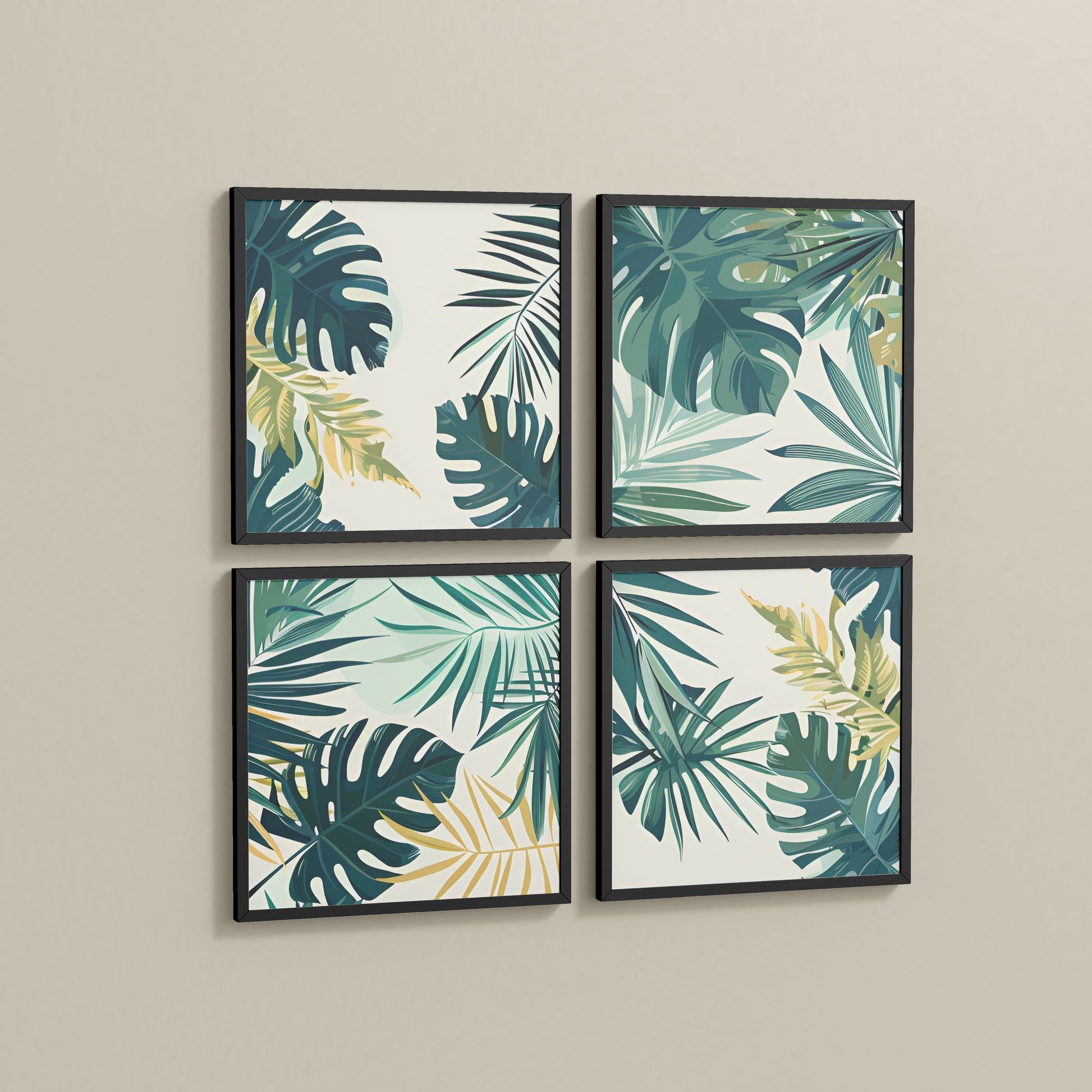 Side View of Tropical Green Leaves Wall Art Frames Set of 4 in Black Color Frame