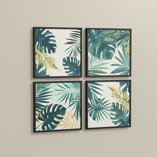 Side View of Tropical Green Leaves Wall Art Frames Set of 4 in Black Color Frame