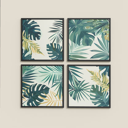 Wall View of Tropical Green Leaves Wall Art Frames Set of 4 in Black Color Frame
