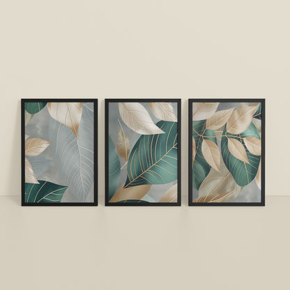 Inclined Floor View of Botanical Flow – Modern Leaves Abstract Art Set of 3 in Black Color Frame