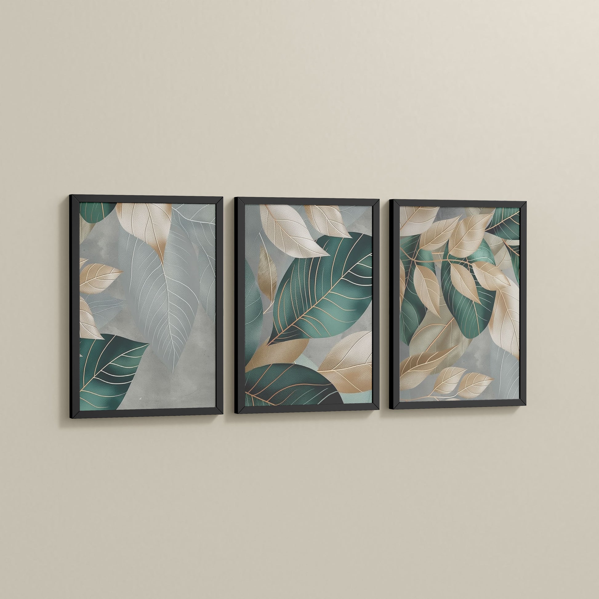 Side View of Botanical Flow – Modern Leaves Abstract Art Set of 3 in Black Color Frame