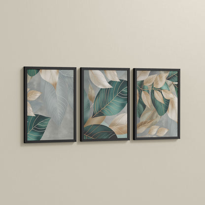 Side View of Botanical Flow – Modern Leaves Abstract Art Set of 3 in Black Color Frame
