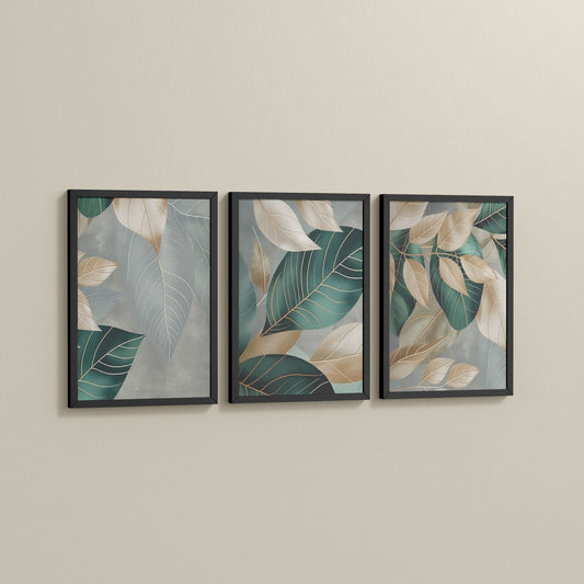 Side View of Botanical Flow – Modern Leaves Abstract Art Set of 3 in Black Color Frame