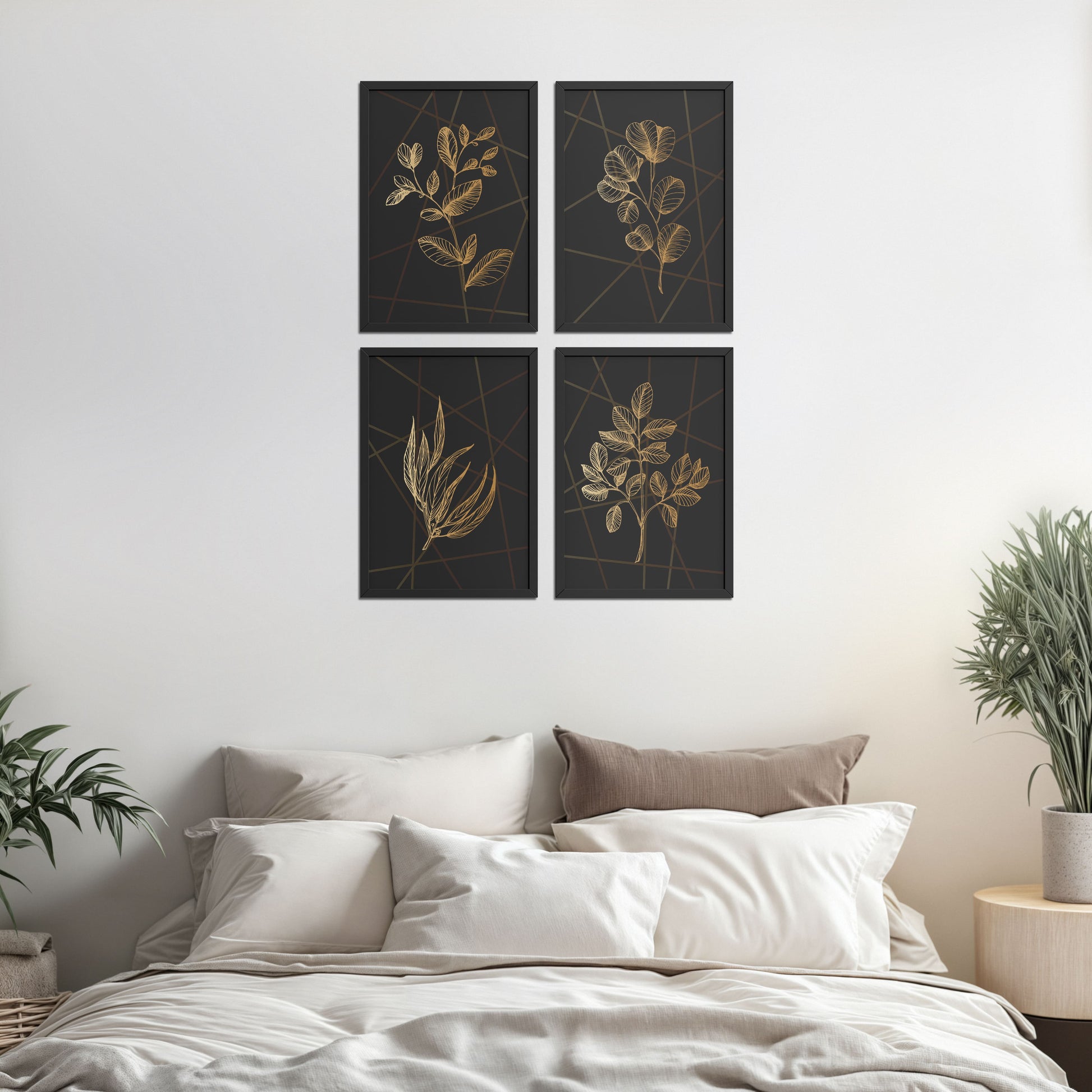 Bed Room Preview of Golden Botanical Abstract Plant Wall Art Set of 4 in Black Color Frame