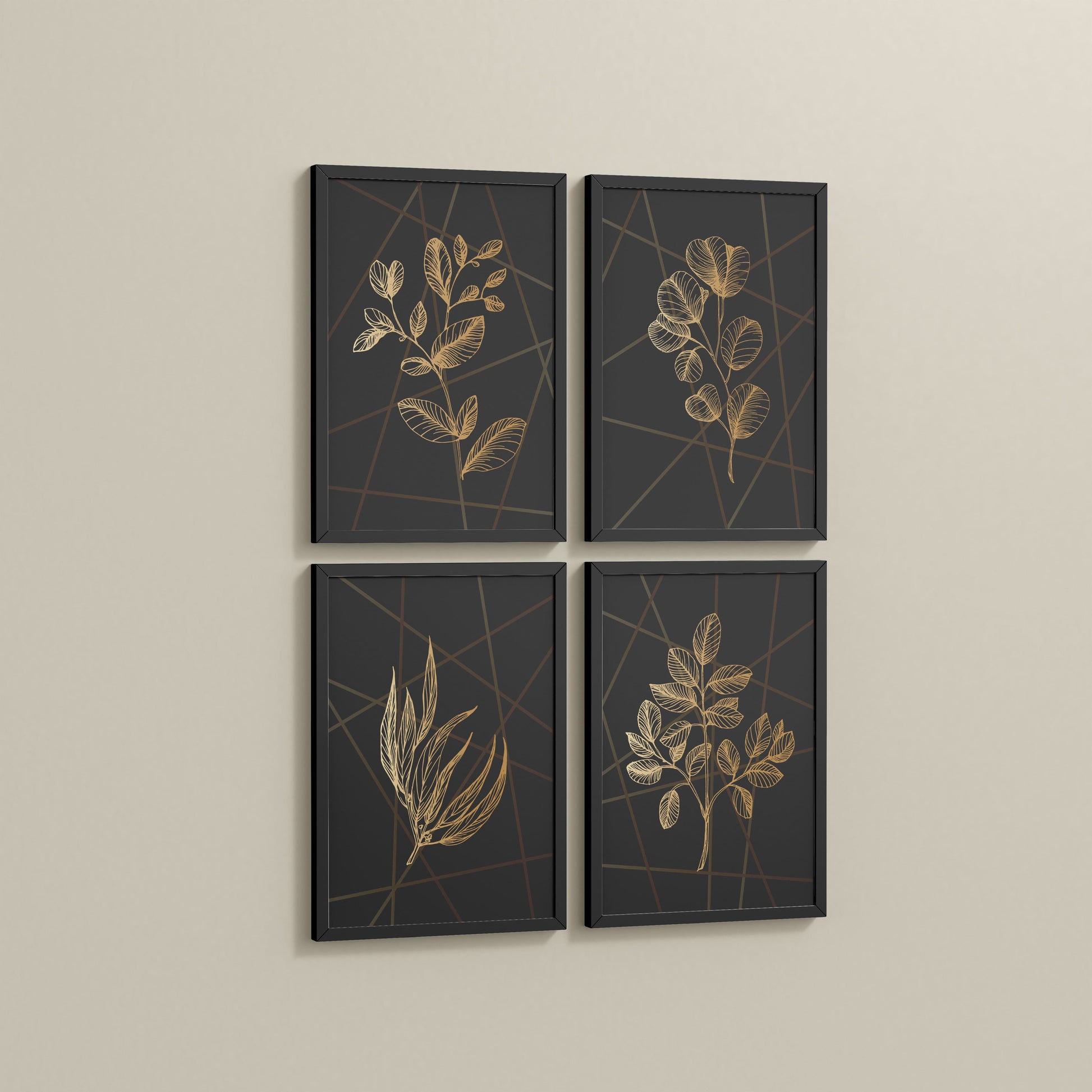 Side View of Golden Botanical Abstract Plant Wall Art Set of 4 in Black Color Frame