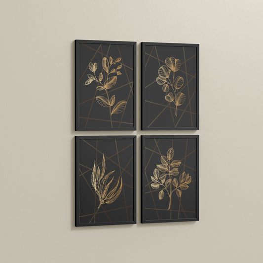 Side View of Golden Botanical Abstract Plant Wall Art Set of 4 in Black Color Frame