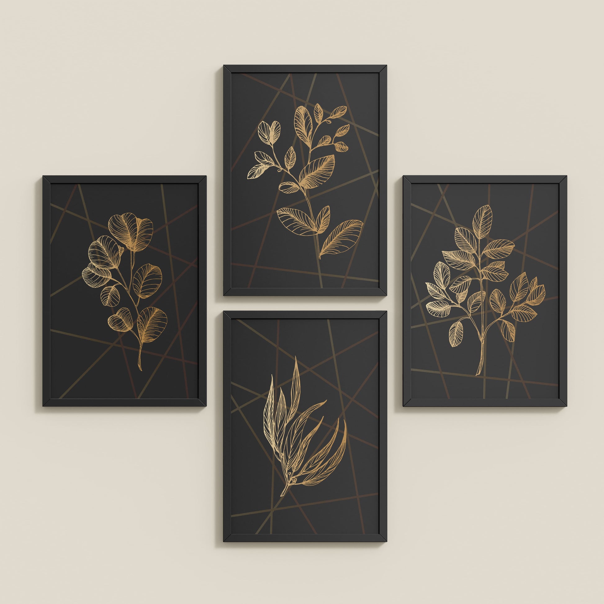 Inclined Floor View of Golden Botanical Abstract Plant Wall Art Set of 4 in Black Color Frame