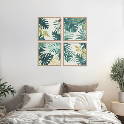 Bed Room Preview of Tropical Green Leaves Wall Art Frames Set of 4 in Natrual Color Frame