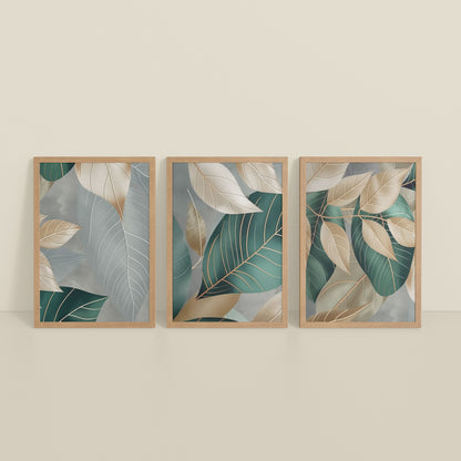 Inclined Floor View of Botanical Flow – Modern Leaves Abstract Art Set of 3 in Natrual Color Frame