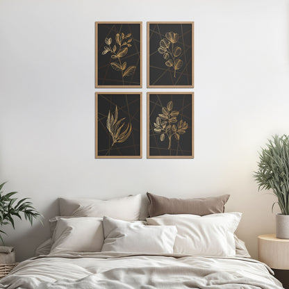 Bed Room Preview of Golden Botanical Abstract Plant Wall Art Set of 4 in Natrual Color Frame