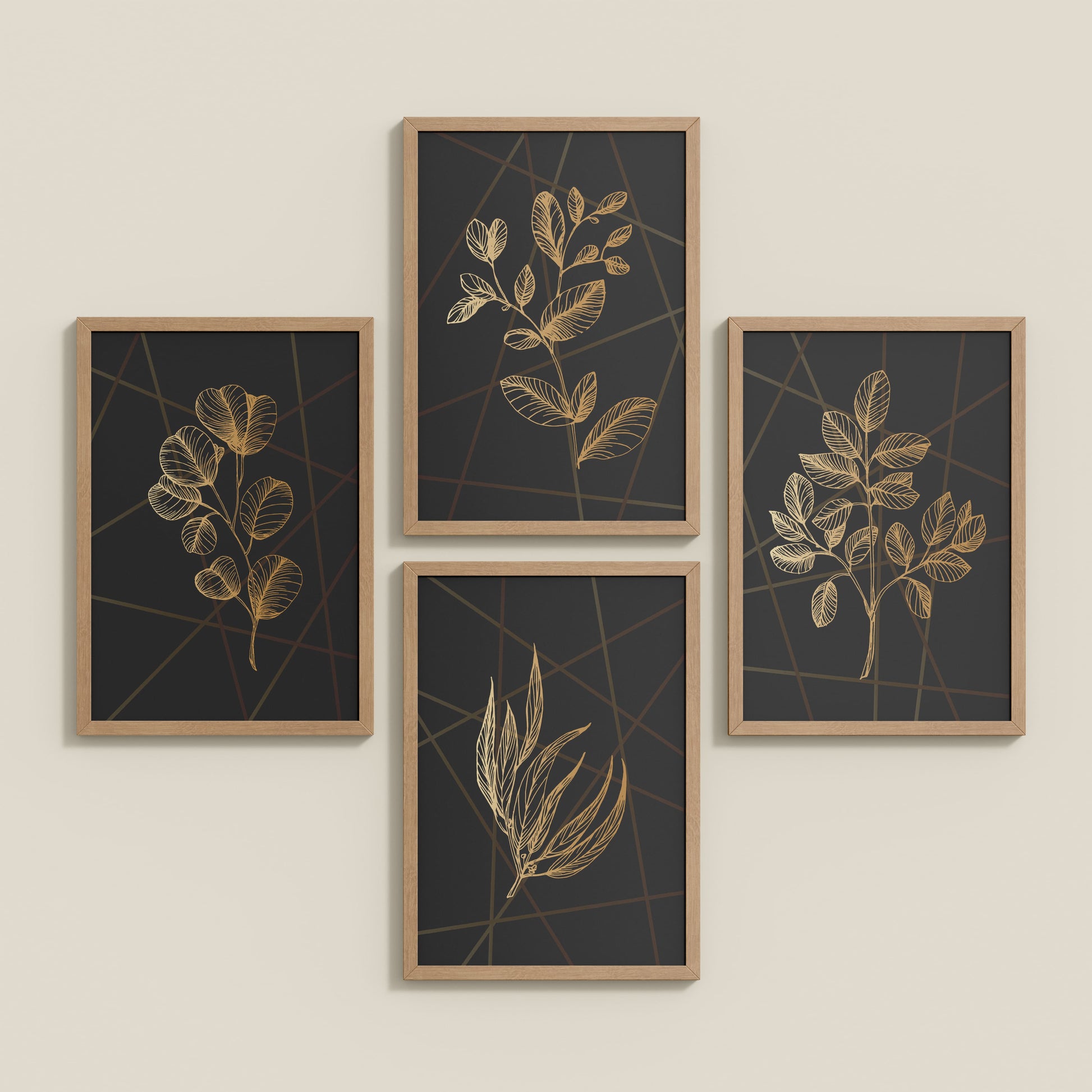 Inclined Floor View of Golden Botanical Abstract Plant Wall Art Set of 4 in Natrual Color Frame