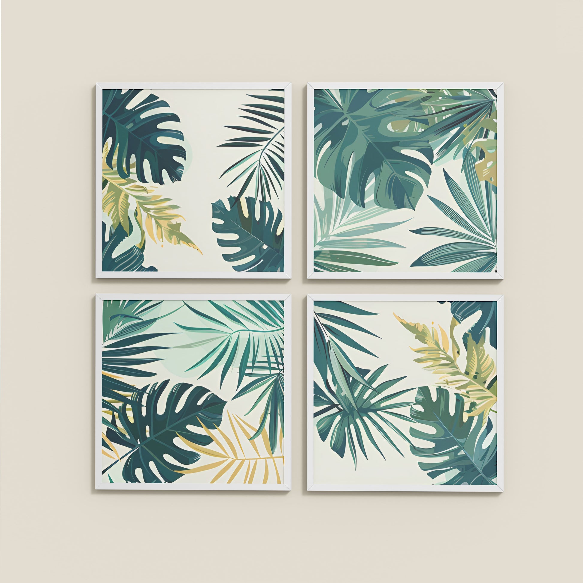 Wall View of Tropical Green Leaves Wall Art Frames Set of 4 in White Color Frame