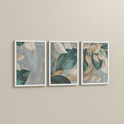 Side View of Botanical Flow – Modern Leaves Abstract Art Set of 3 in White Color Frame