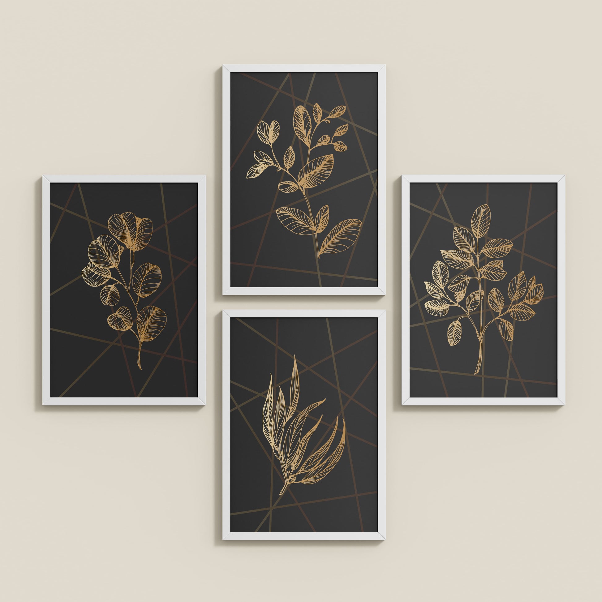 Inclined Floor View of Golden Botanical Abstract Plant Wall Art Set of 4 in White Color Frame