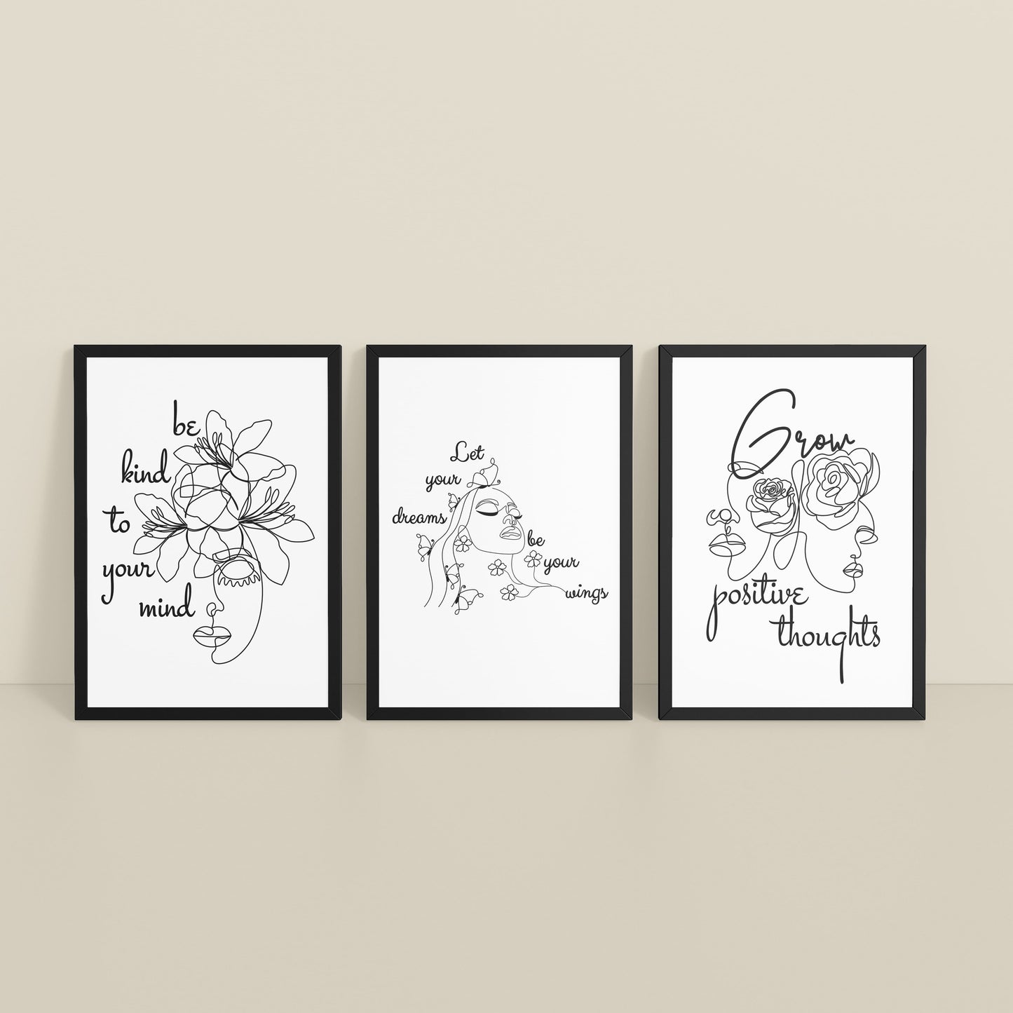 Inclined Floor View of Grow Positive – Line Art Inspiration Set of 3 Frame in Black Color Frame