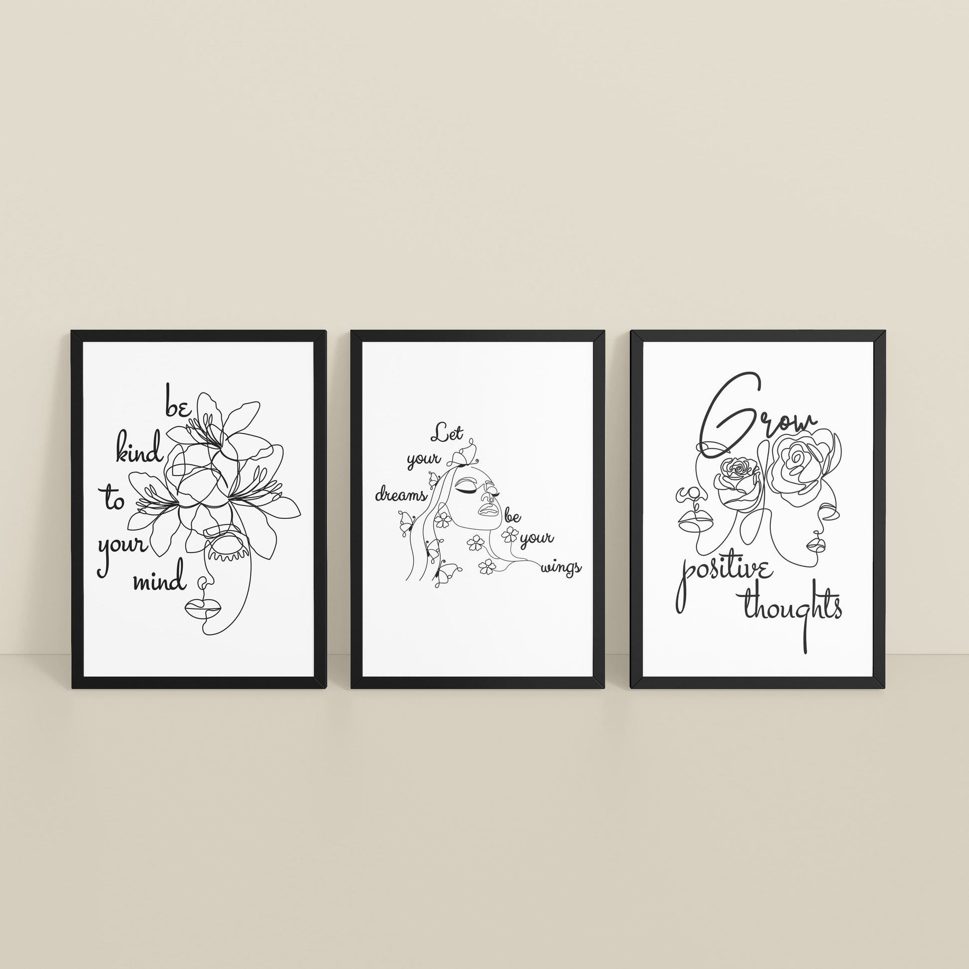 Inclined Floor View of Grow Positive – Line Art Inspiration Set of 3 Frame in Black Color Frame