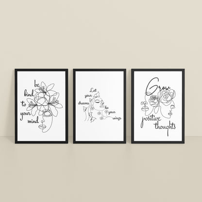 Inclined Floor View of Grow Positive – Line Art Inspiration Set of 3 Frame in Black Color Frame