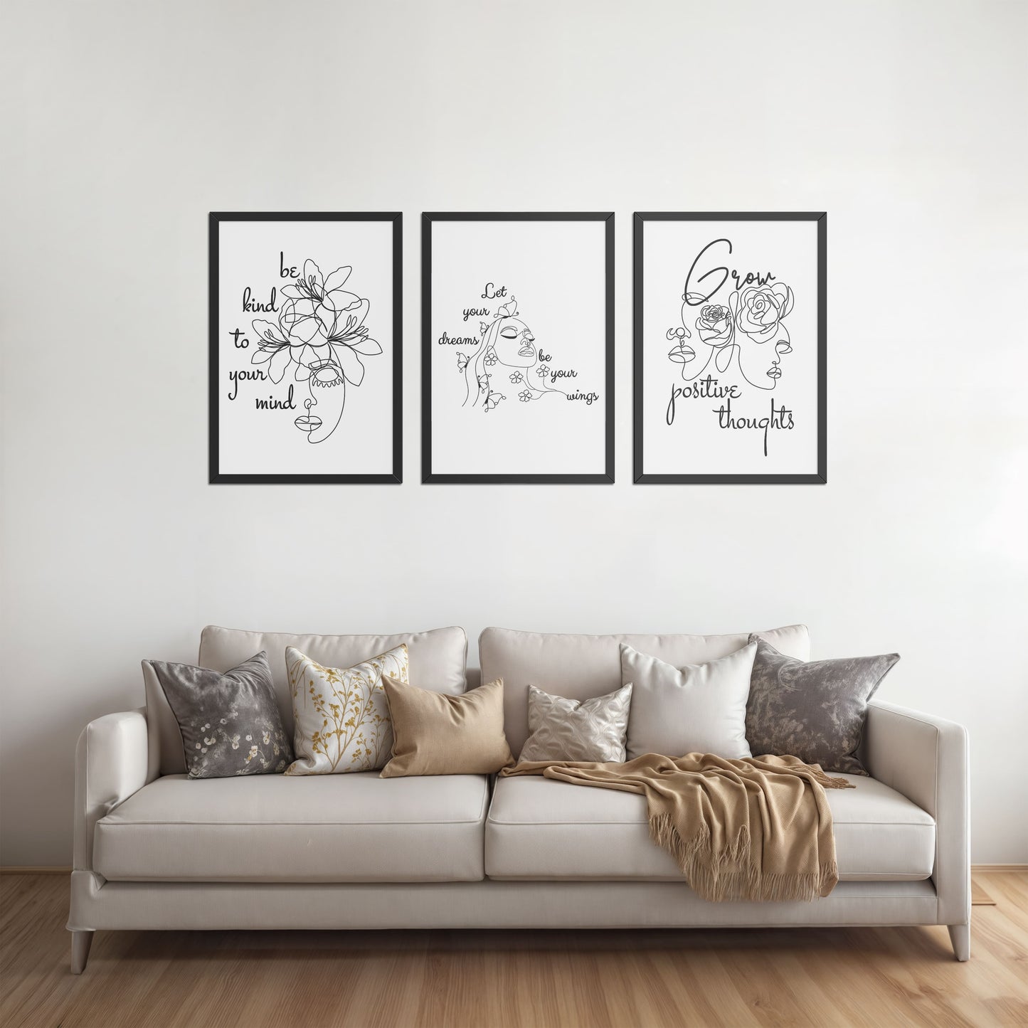 Living Room Sofa Preview of Grow Positive – Line Art Inspiration Set of 3 Frame in Black Color Frame