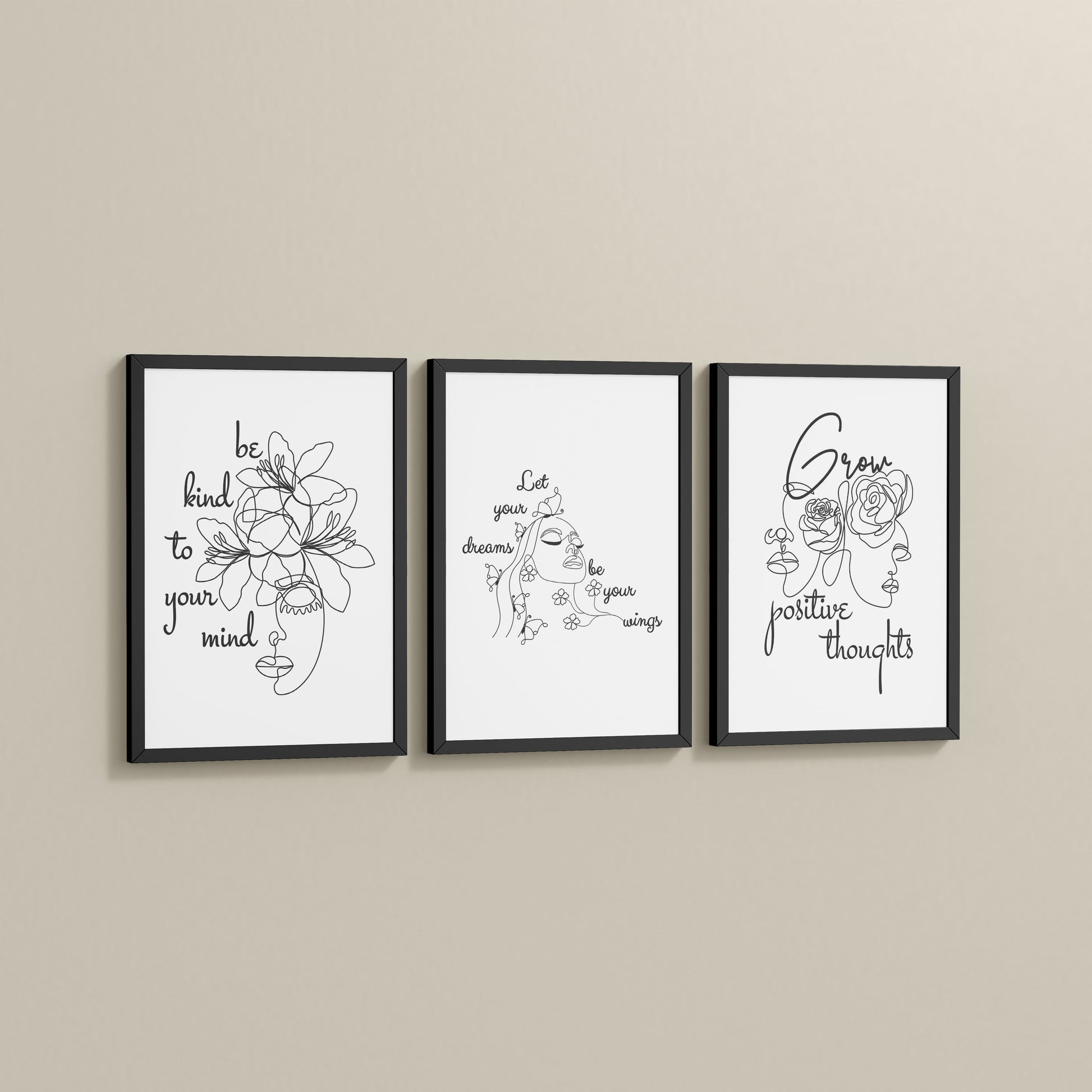 Side View of Grow Positive – Line Art Inspiration Set of 3 Frame in Black Color Frame