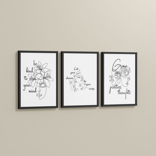 Side View of Grow Positive – Line Art Inspiration Set of 3 Frame in Black Color Frame