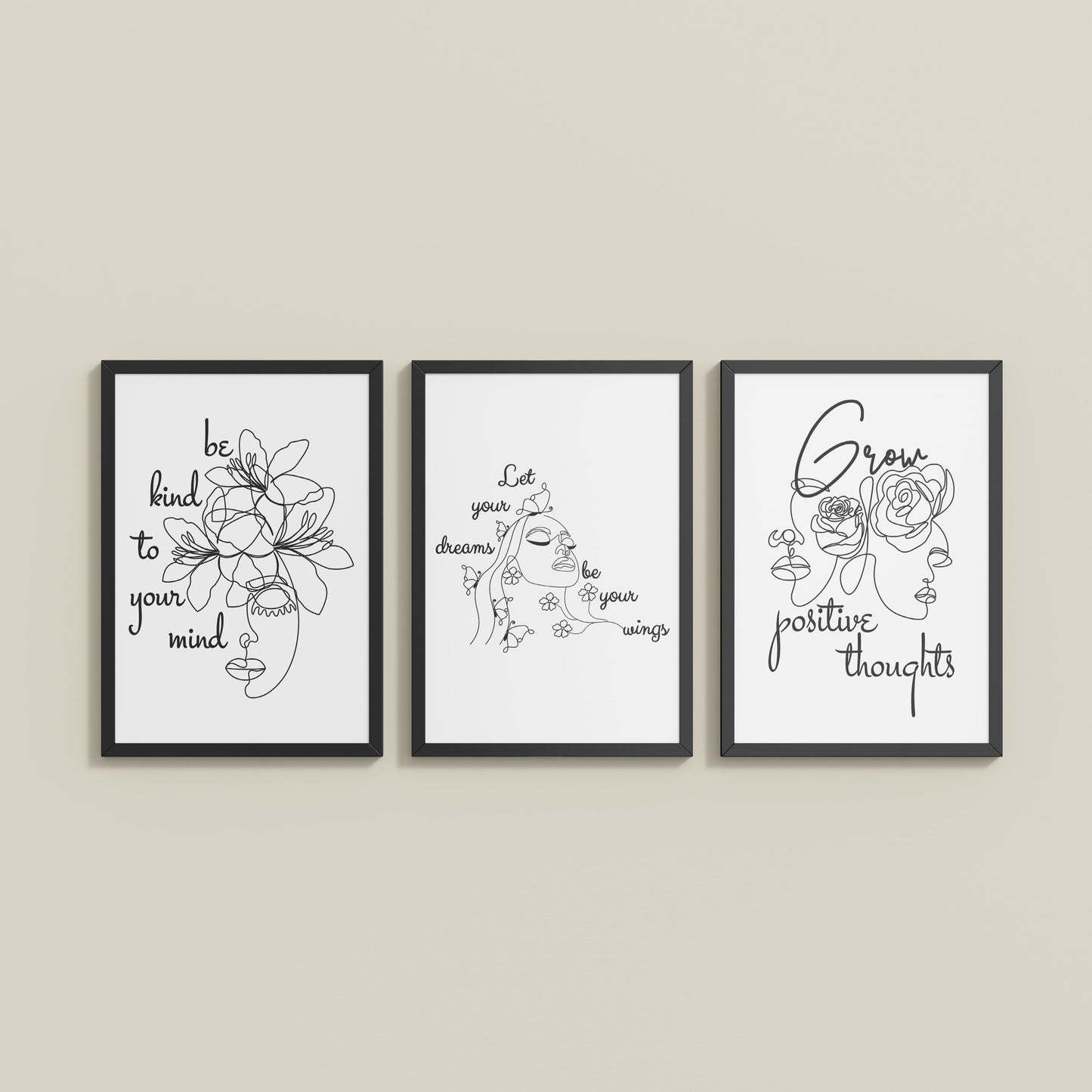Wall View of Grow Positive – Line Art Inspiration Set of 3 Frame in Black Color Frame