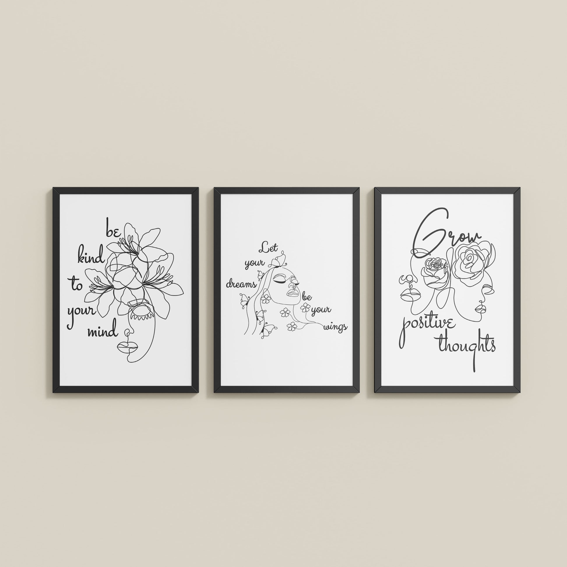 Wall View of Grow Positive – Line Art Inspiration Set of 3 Frame in Black Color Frame