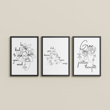 Wall View of Grow Positive – Line Art Inspiration Set of 3 Frame in Black Color Frame
