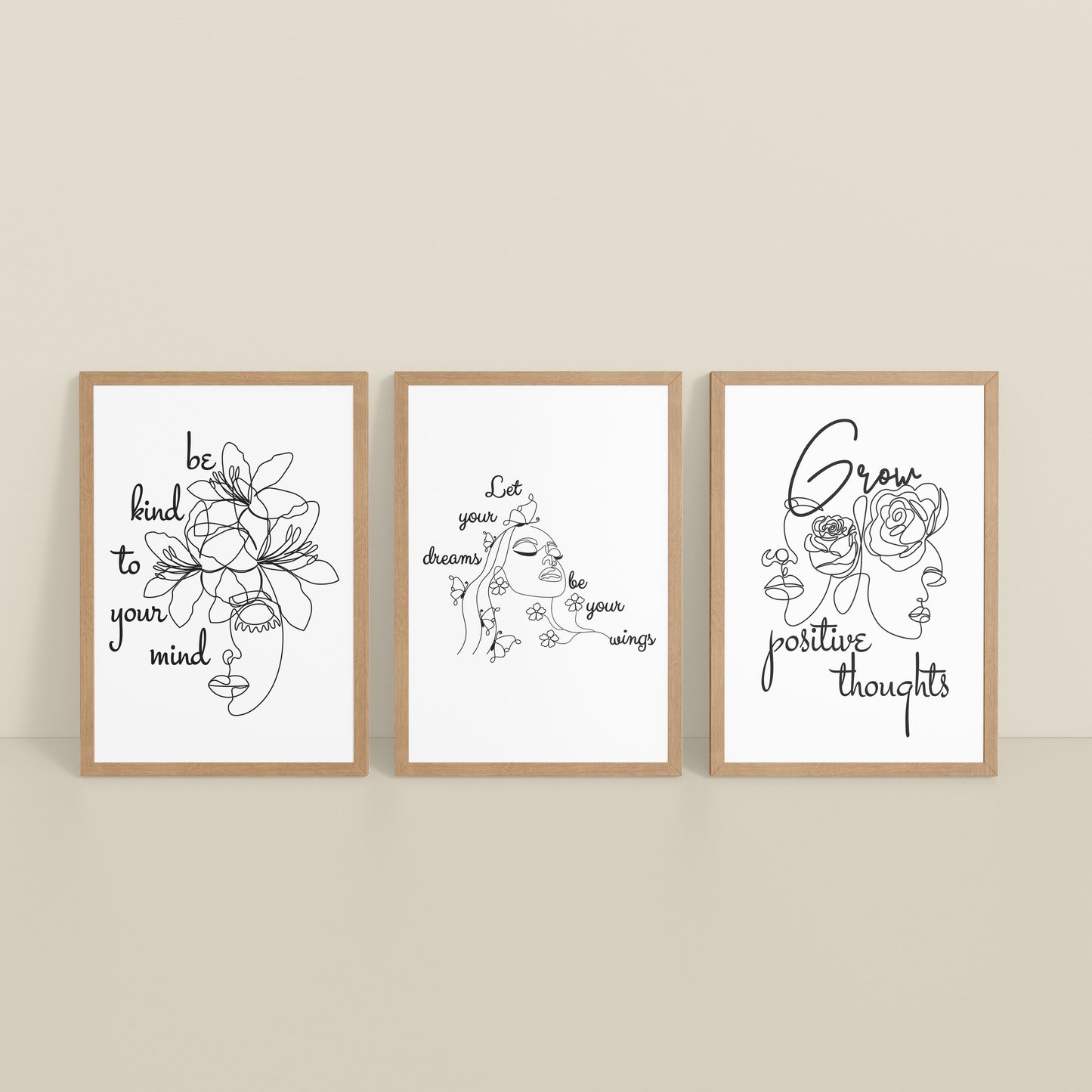 Inclined Floor View of Grow Positive – Line Art Inspiration Set of 3 Frame in Natrual Color Frame