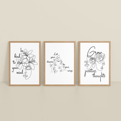 Inclined Floor View of Grow Positive – Line Art Inspiration Set of 3 Frame in Natrual Color Frame