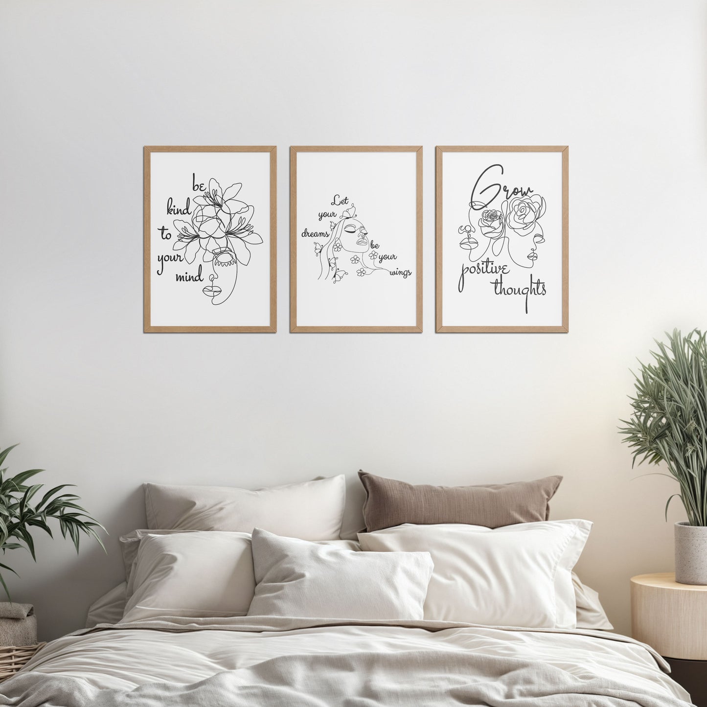 Bed Room Preview of Grow Positive – Line Art Inspiration Set of 3 Frame in Natrual Color Frame