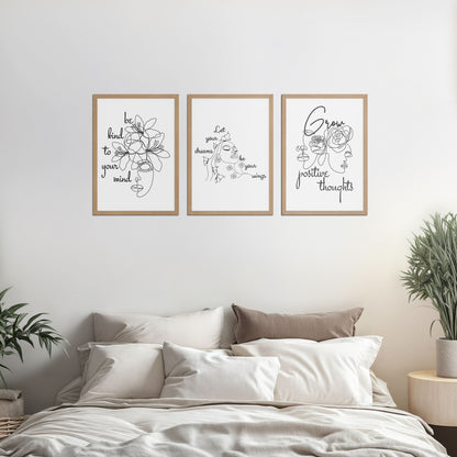 Bed Room Preview of Grow Positive – Line Art Inspiration Set of 3 Frame in Natrual Color Frame