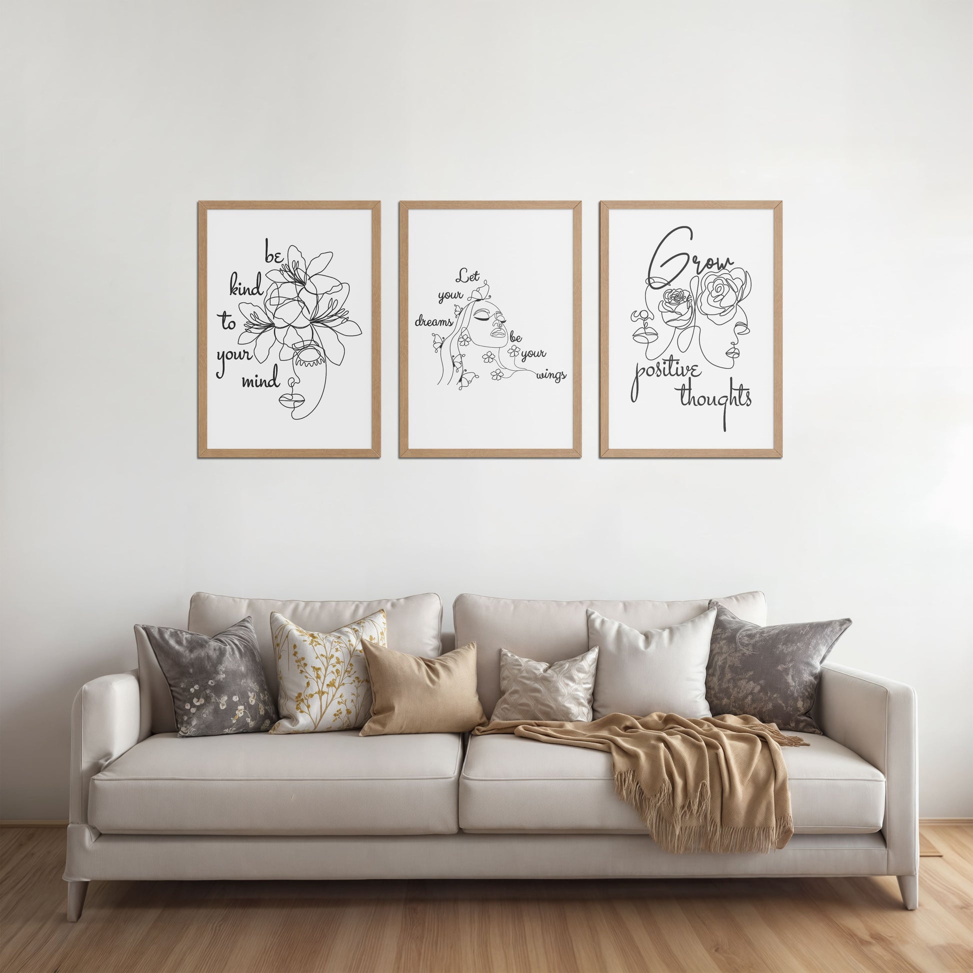 Living Room Sofa Preview of Grow Positive – Line Art Inspiration Set of 3 Frame in Natrual Color Frame