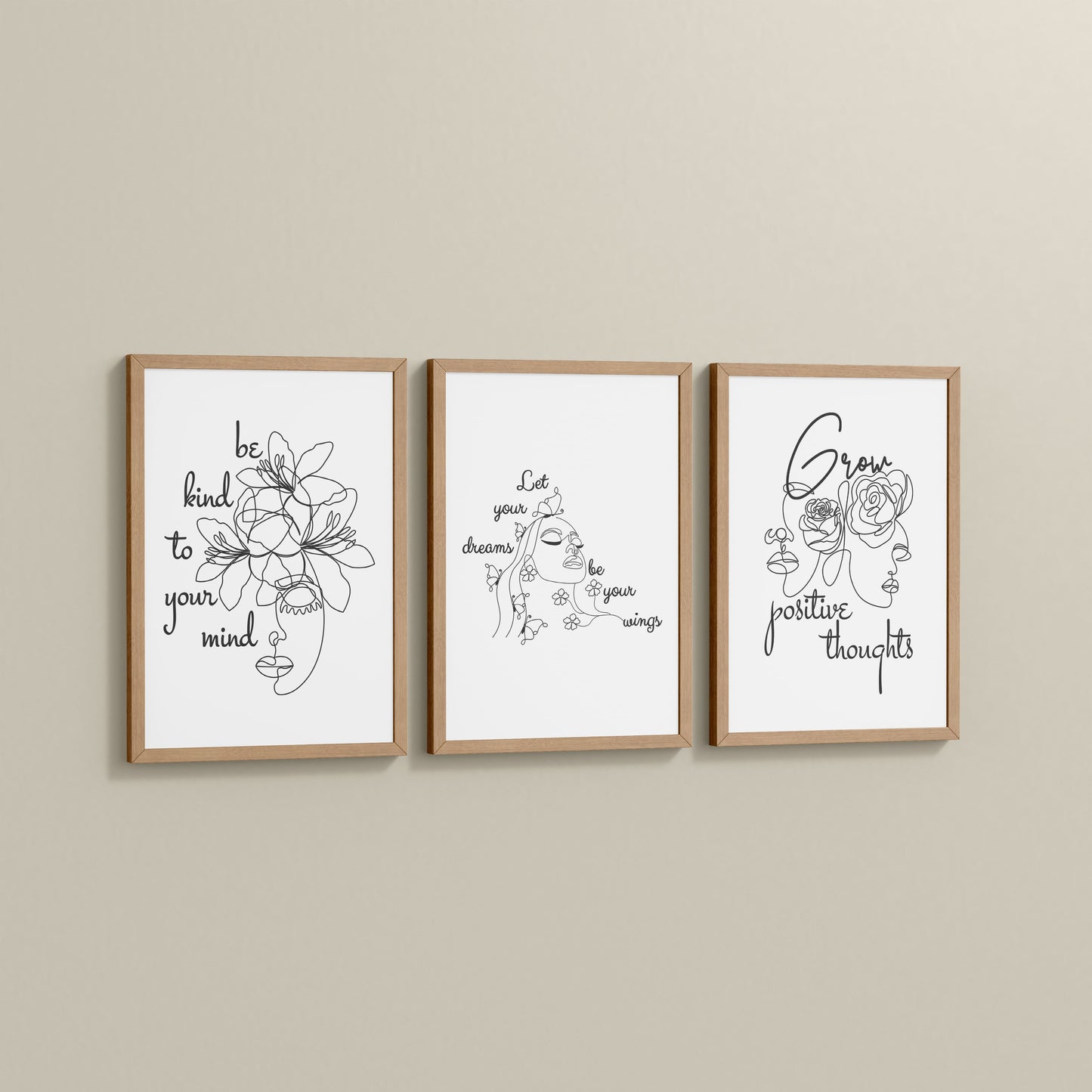 Side View of Grow Positive – Line Art Inspiration Set of 3 Frame in Natrual Color Frame
