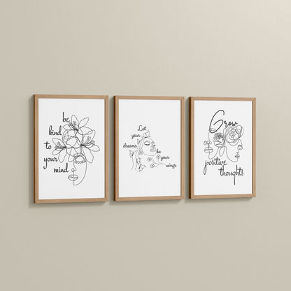 Side View of Grow Positive – Line Art Inspiration Set of 3 Frame in Natrual Color Frame