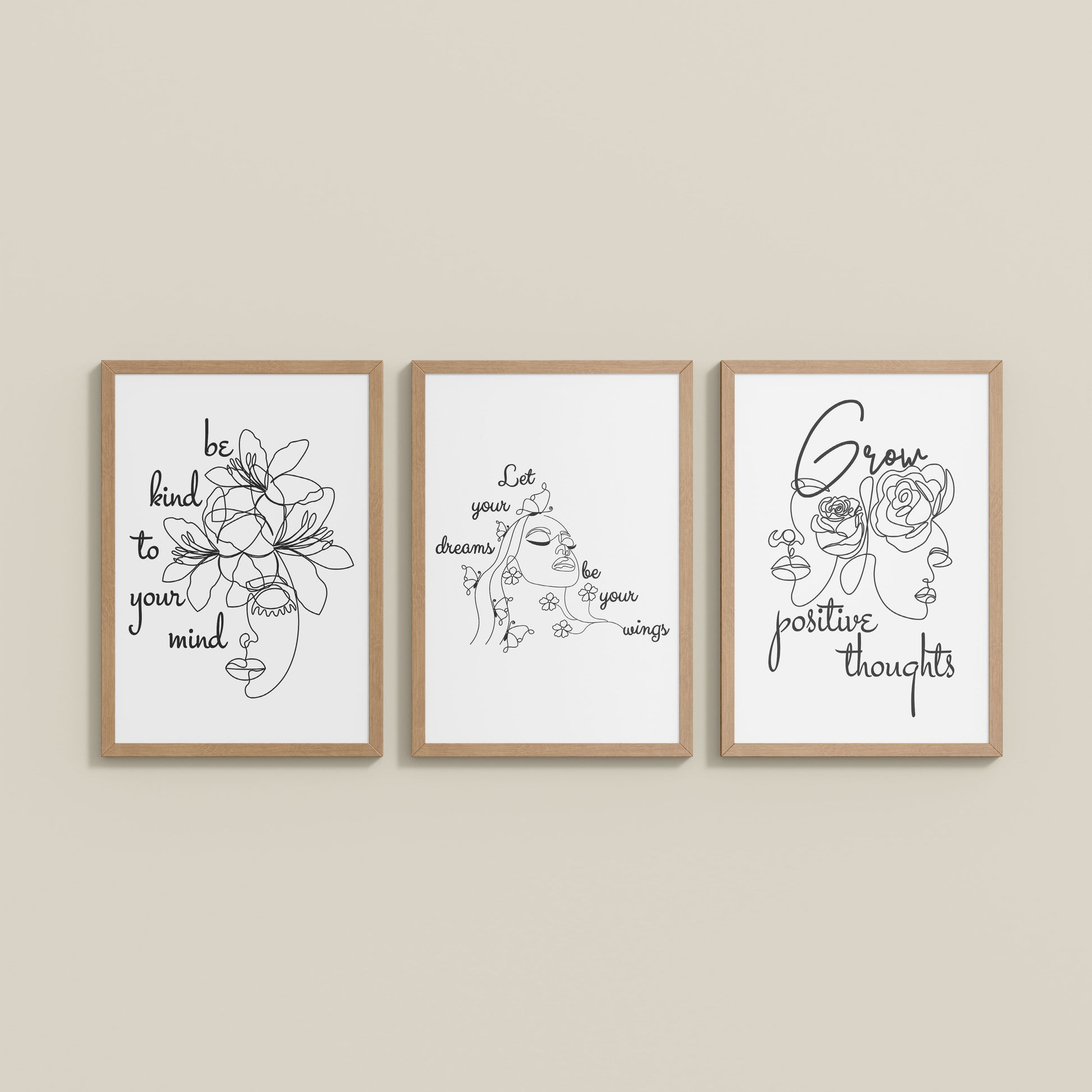 Wall View of Grow Positive – Line Art Inspiration Set of 3 Frame in Natrual Color Frame