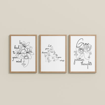 Wall View of Grow Positive – Line Art Inspiration Set of 3 Frame in Natrual Color Frame