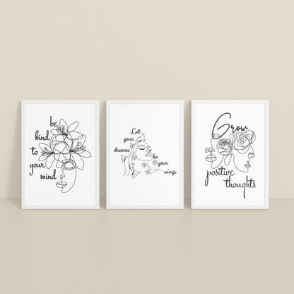 Inclined Floor View of Grow Positive – Line Art Inspiration Set of 3 Frame in White Color Frame