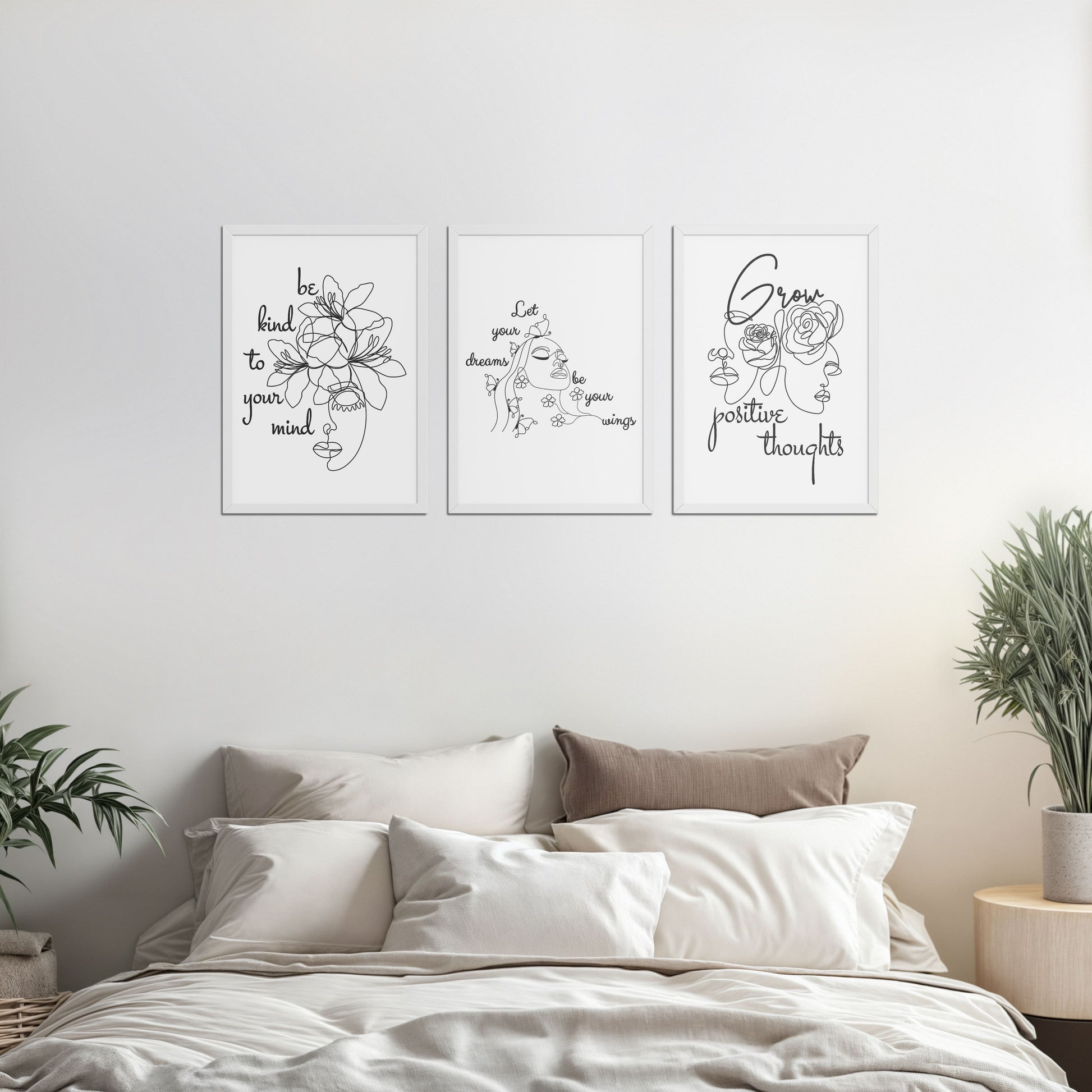 Bed Room Preview of Grow Positive – Line Art Inspiration Set of 3 Frame in White Color Frame